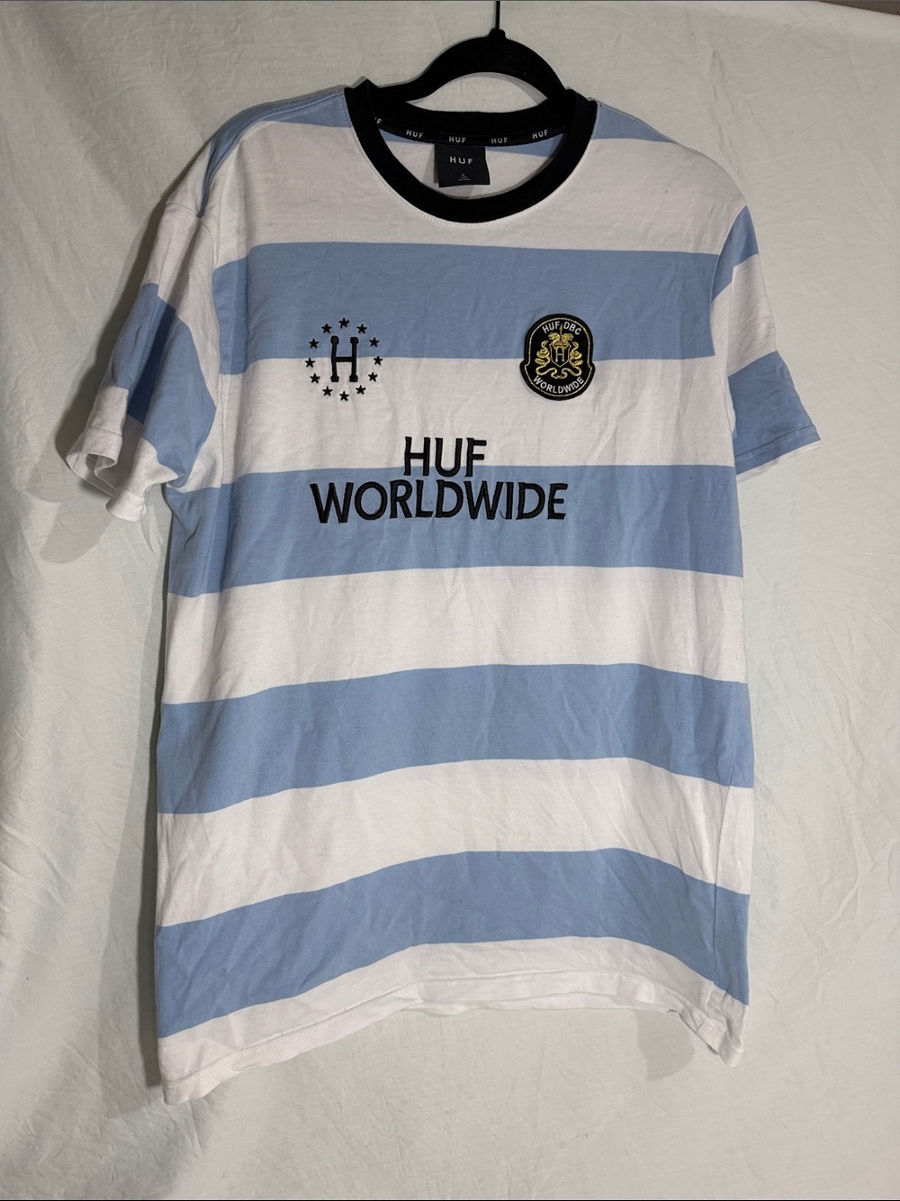 HUF Light Blue & White Striped Worldwide Logo Tee